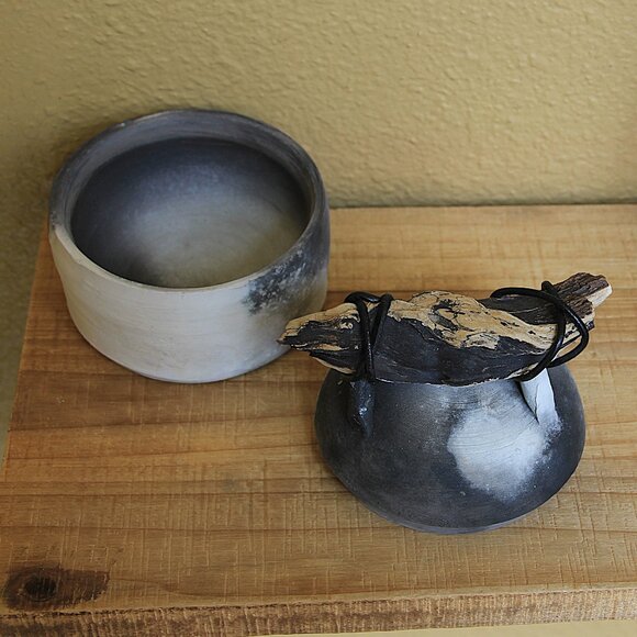 Pit Fired Small Lidded Pottery Piece w/ Driftwood and Cord Handle - Picture 9 of 14